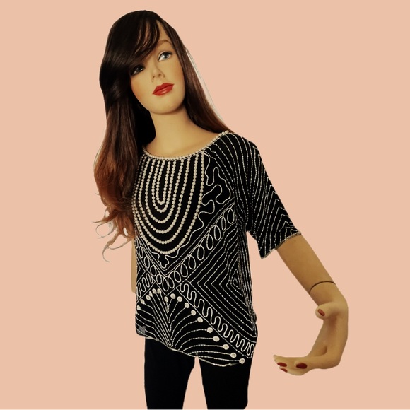 Vintage Black Beaded Art Deco Silk Top by Rina Z Excellent Vintage Condition. - Picture 9 of 10